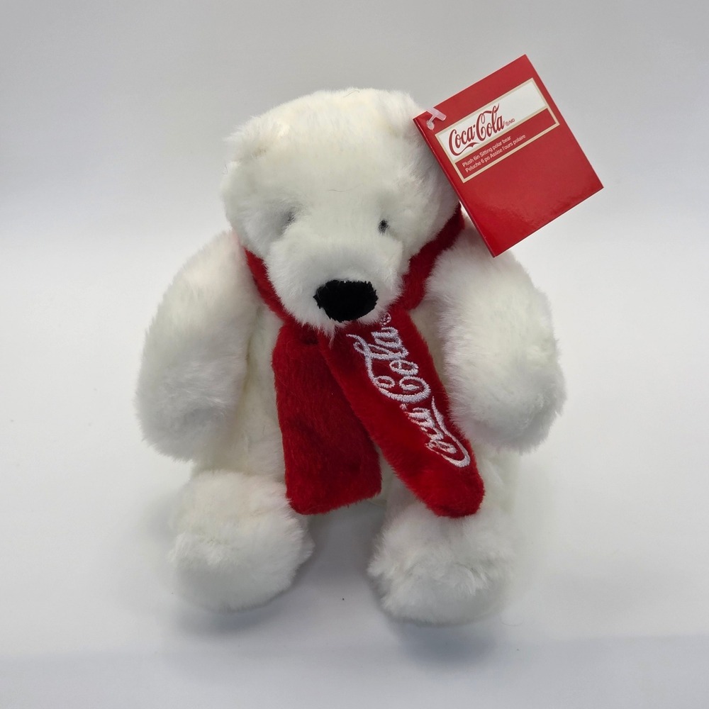 Coca-Cola Plush 6in Sitting Polar Bear White Red Scarf Holiday Collectible NWT